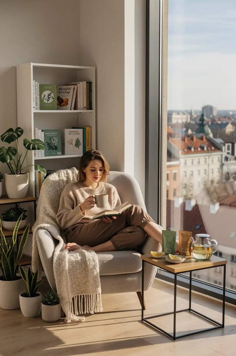 Atpalaiduojanti meditacijos scena su arbatos ritualu ir ramia aplinka