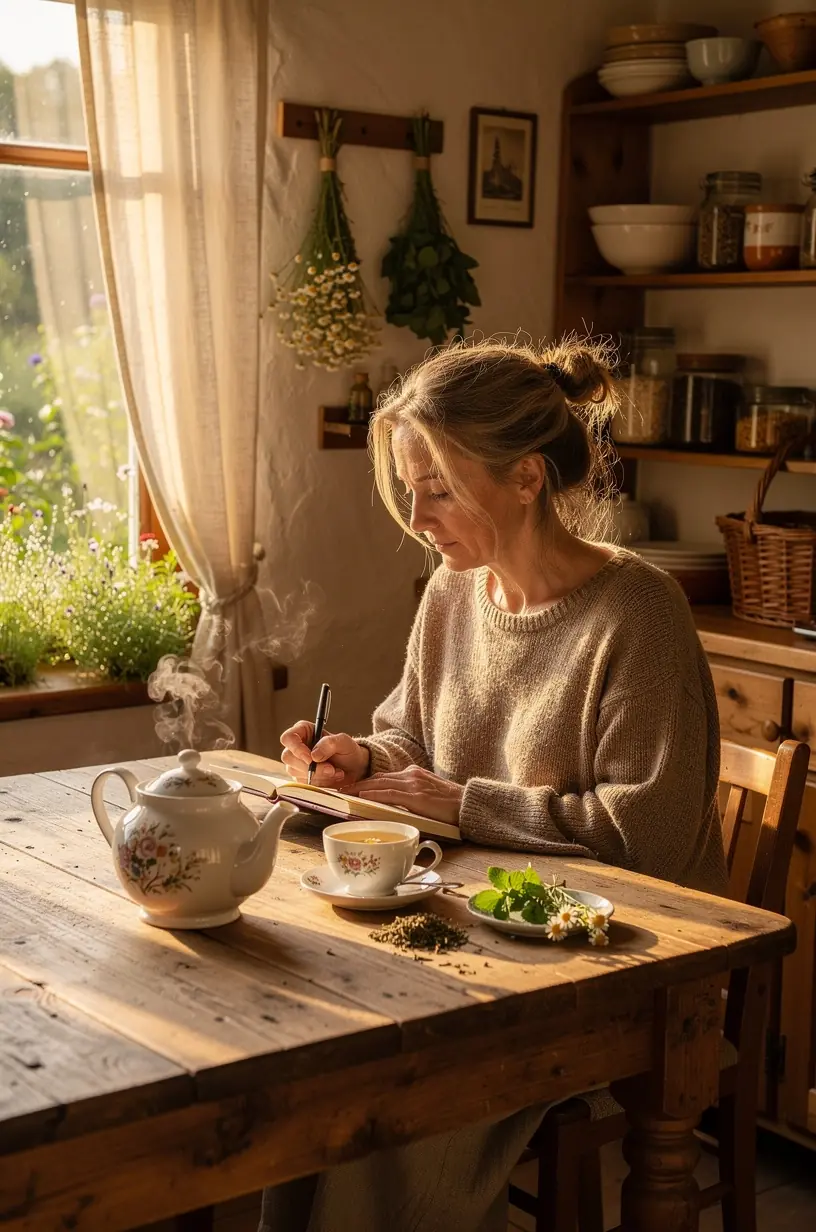 Moteris atsipalaiduoja prie lango su šilto kvapo žvakėmis ir arbatos puodeliu